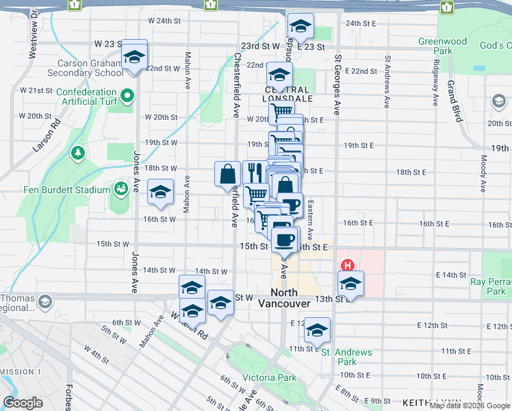 map of restaurants, bars, coffee shops, grocery stores, and more near 137 West 17th Street in North Vancouver