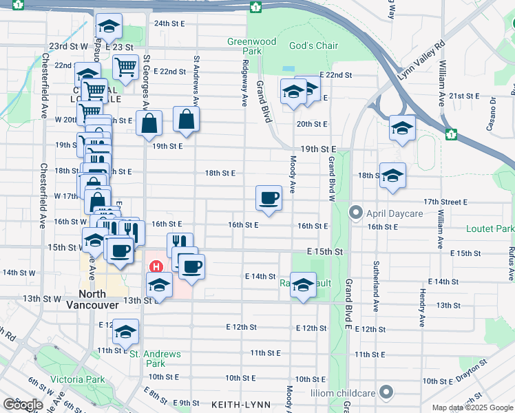 map of restaurants, bars, coffee shops, grocery stores, and more near 419 East 17th Avenue in Vancouver