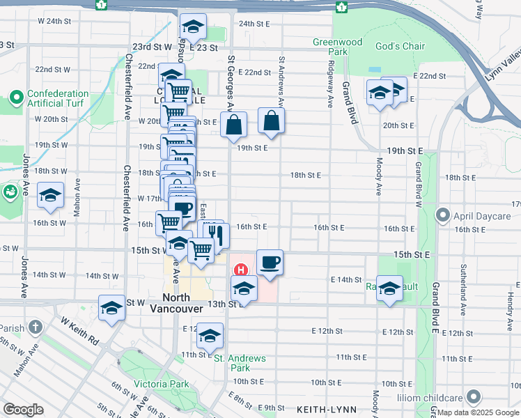map of restaurants, bars, coffee shops, grocery stores, and more near 245 17th Street East in North Vancouver
