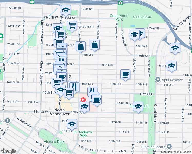 map of restaurants, bars, coffee shops, grocery stores, and more near 1645 Saint Andrews Avenue in North Vancouver