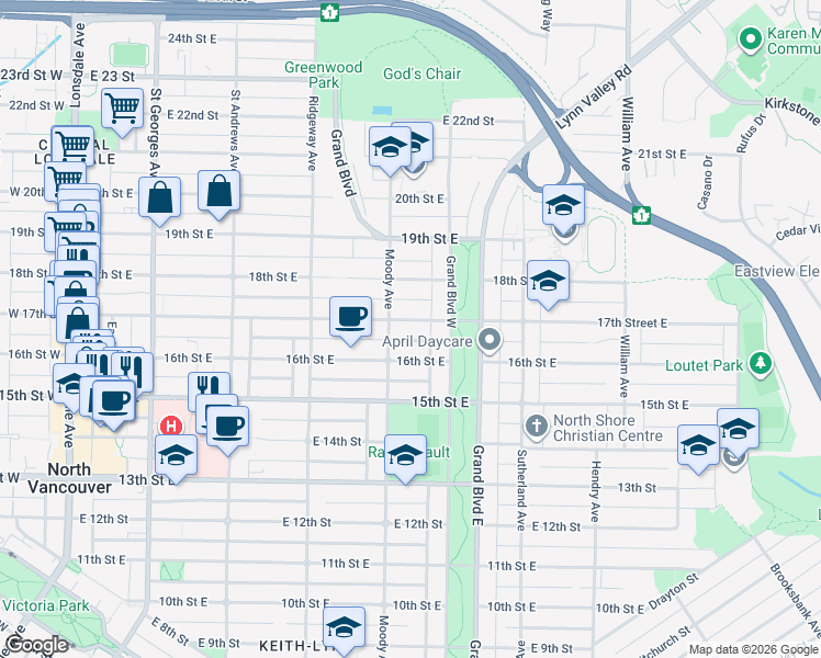 map of restaurants, bars, coffee shops, grocery stores, and more near 348 17th Street East in North Vancouver