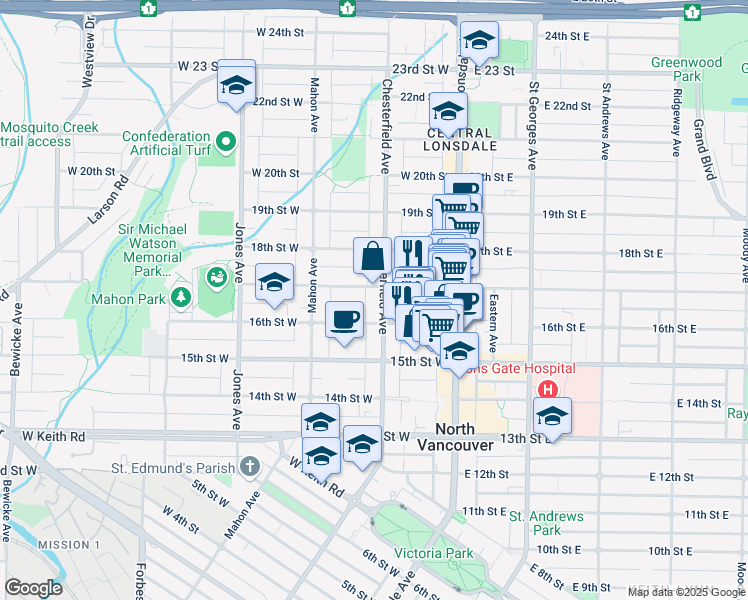 map of restaurants, bars, coffee shops, grocery stores, and more near in North Vancouver