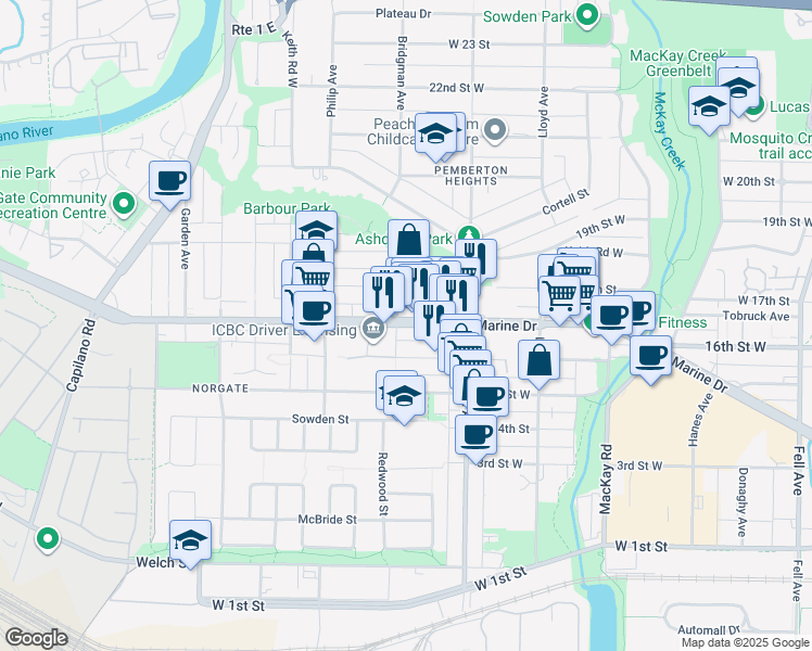 map of restaurants, bars, coffee shops, grocery stores, and more near 1272 Marine Drive in North Vancouver