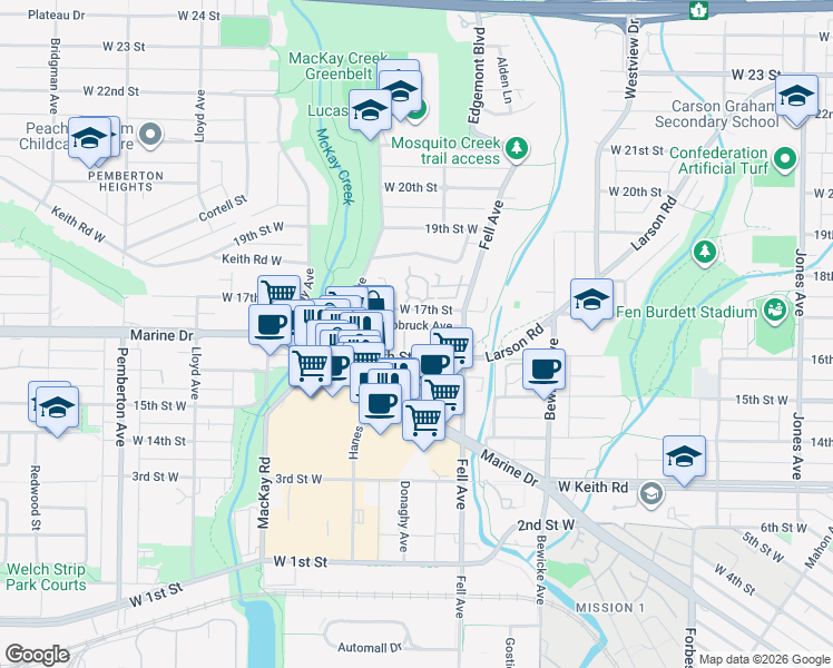 map of restaurants, bars, coffee shops, grocery stores, and more near 849 Tobruck Avenue in North Vancouver