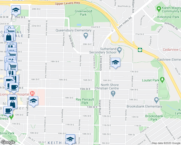 map of restaurants, bars, coffee shops, grocery stores, and more near in North Vancouver