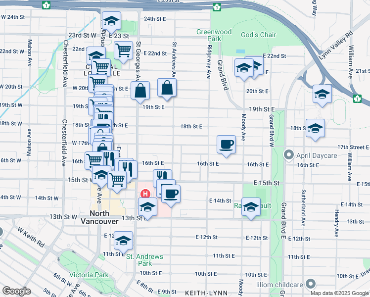 map of restaurants, bars, coffee shops, grocery stores, and more near 325 17th Street East in North Vancouver
