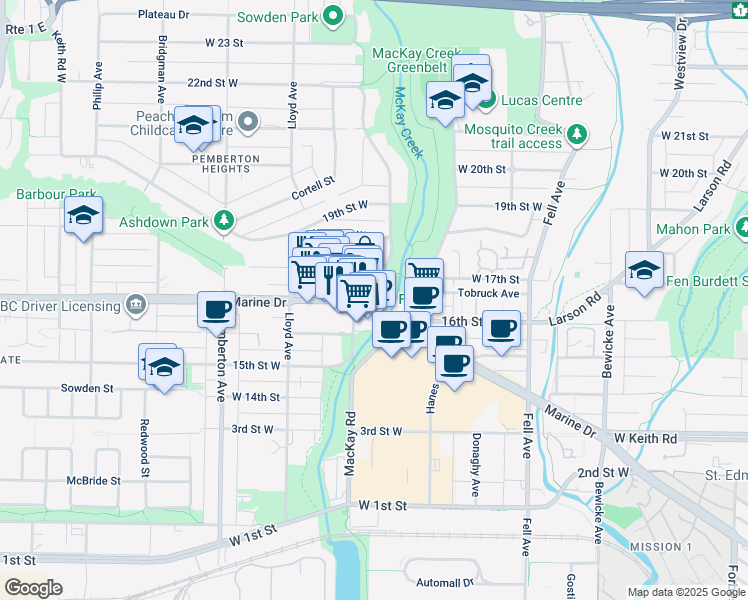 map of restaurants, bars, coffee shops, grocery stores, and more near 1633 Mackay Avenue in North Vancouver