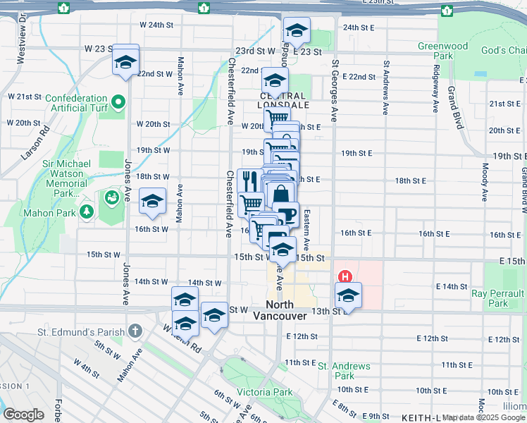 map of restaurants, bars, coffee shops, grocery stores, and more near 117 17th Street West in North Vancouver