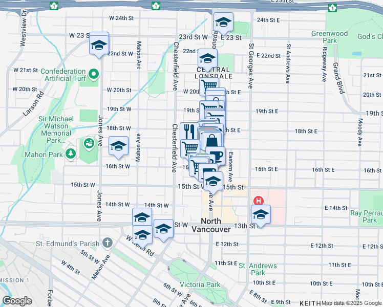map of restaurants, bars, coffee shops, grocery stores, and more near 135 West 17th Street in North Vancouver