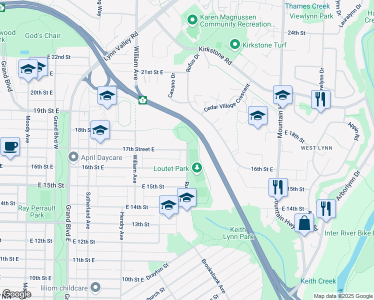 map of restaurants, bars, coffee shops, grocery stores, and more near 898 17th Street East in North Vancouver