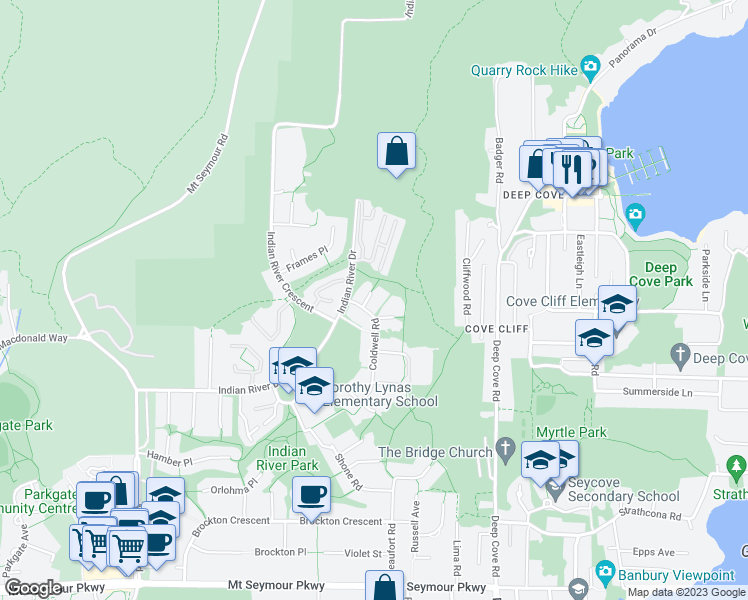 map of restaurants, bars, coffee shops, grocery stores, and more near 1923 Iron Court in North Vancouver