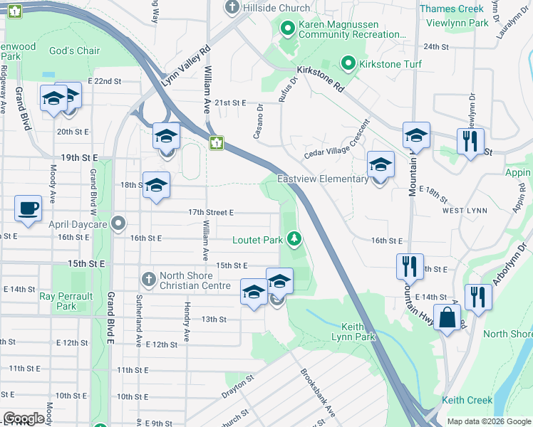 map of restaurants, bars, coffee shops, grocery stores, and more near 865 East 17th Street in North Vancouver