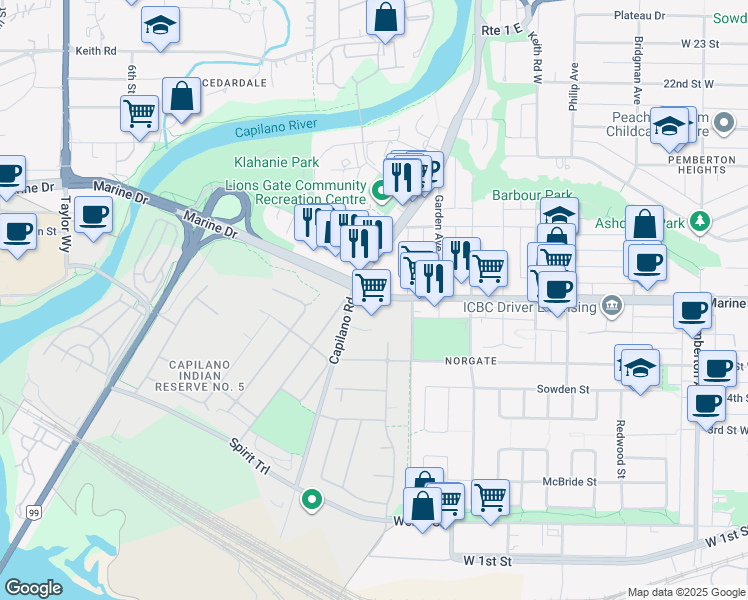 map of restaurants, bars, coffee shops, grocery stores, and more near 1980 Marine Drive in North Vancouver