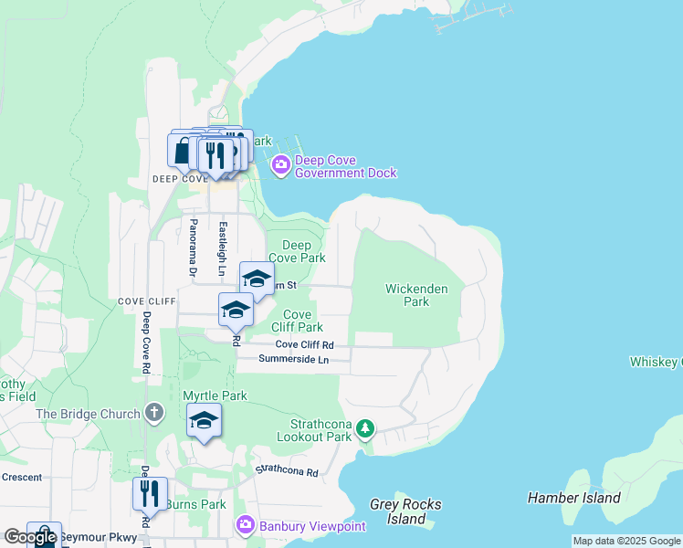 map of restaurants, bars, coffee shops, grocery stores, and more near 1934 Parkside Lane in North Vancouver