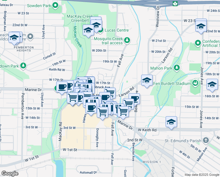 map of restaurants, bars, coffee shops, grocery stores, and more near 815 Tobruck Avenue in North Vancouver