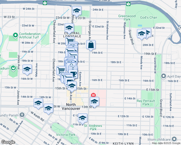 map of restaurants, bars, coffee shops, grocery stores, and more near 1664 Saint Georges Avenue in North Vancouver
