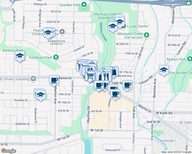 map of restaurants, bars, coffee shops, grocery stores, and more near 1002 East 17th Avenue in Vancouver