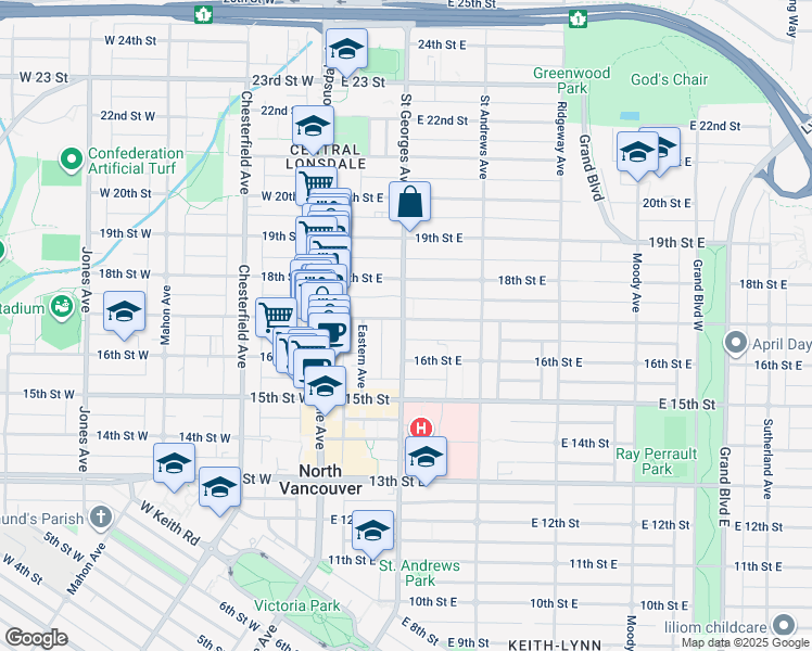map of restaurants, bars, coffee shops, grocery stores, and more near 1664 Saint Georges Avenue in North Vancouver