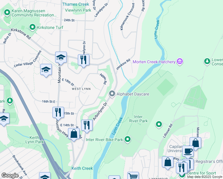 map of restaurants, bars, coffee shops, grocery stores, and more near 1705 Arborlynn Drive in North Vancouver