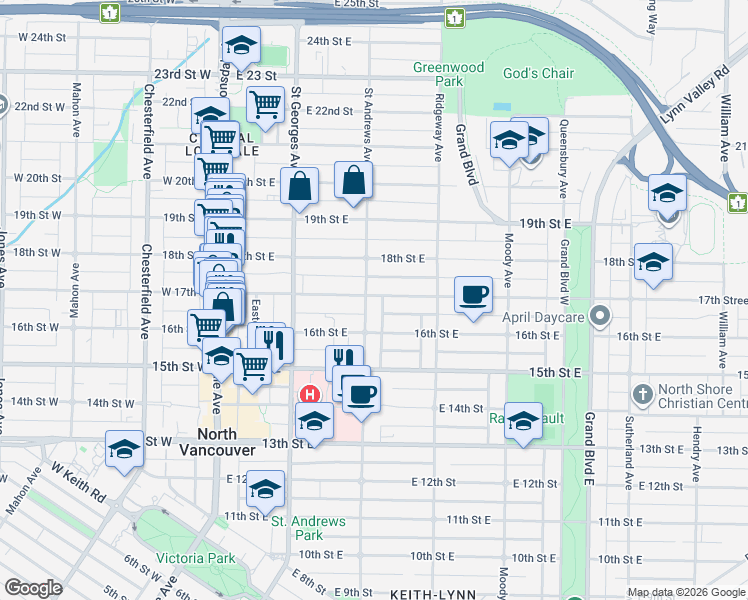 map of restaurants, bars, coffee shops, grocery stores, and more near 305 East 17th Avenue in Vancouver