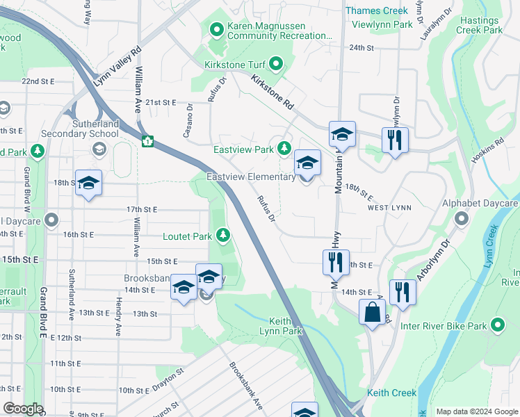 map of restaurants, bars, coffee shops, grocery stores, and more near 1795 Rufus Drive in North Vancouver