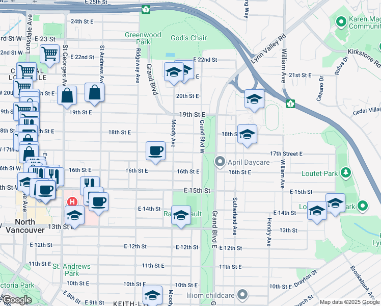 map of restaurants, bars, coffee shops, grocery stores, and more near 575 East 17th Avenue in Vancouver