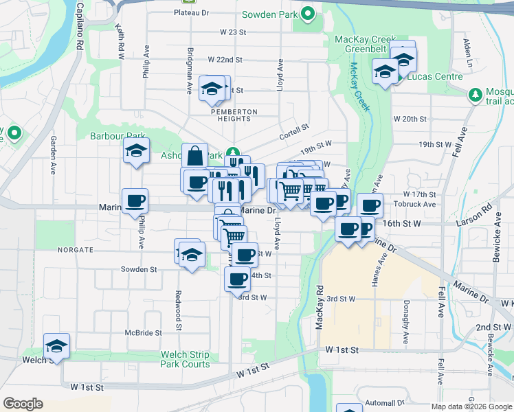 map of restaurants, bars, coffee shops, grocery stores, and more near 1677 Lloyd Avenue in North Vancouver