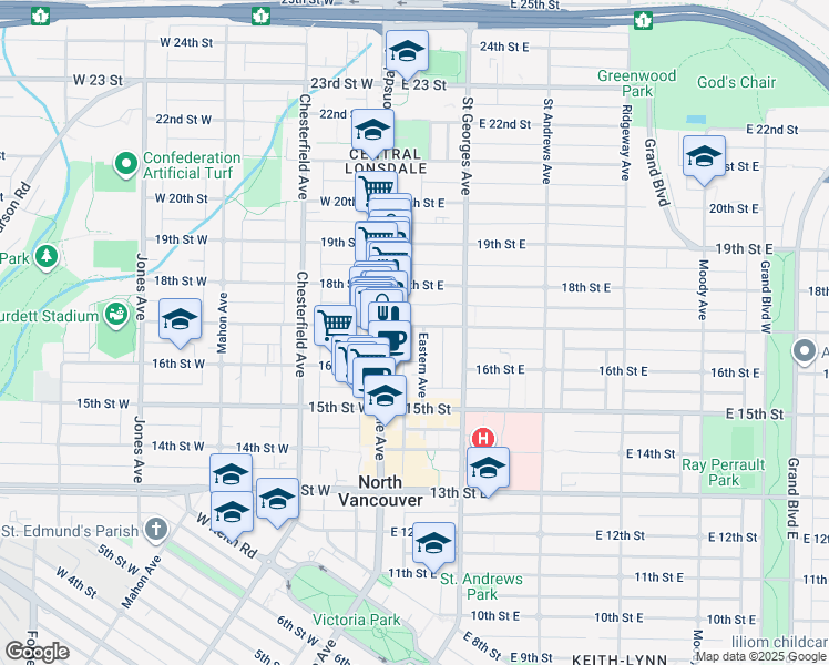 map of restaurants, bars, coffee shops, grocery stores, and more near 135 17th Street East in North Vancouver