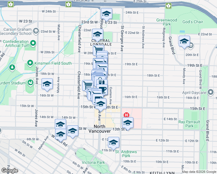 map of restaurants, bars, coffee shops, grocery stores, and more near in Vancouver
