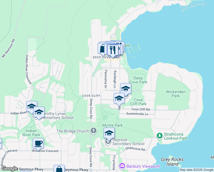 map of restaurants, bars, coffee shops, grocery stores, and more near 1930 Panorama Drive in North Vancouver