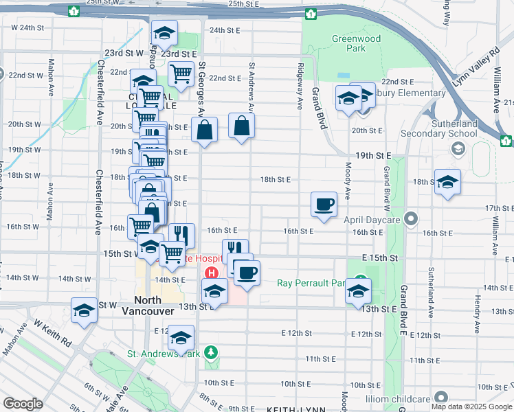 map of restaurants, bars, coffee shops, grocery stores, and more near 325 17th Street East in North Vancouver