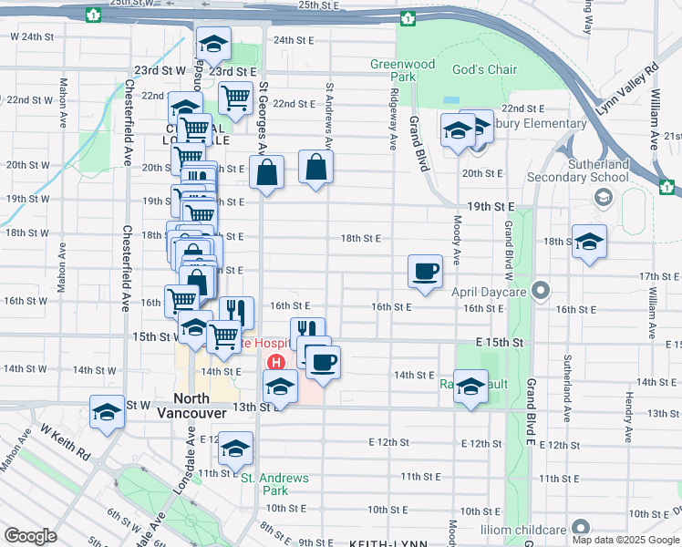 map of restaurants, bars, coffee shops, grocery stores, and more near 337 17th Street East in North Vancouver