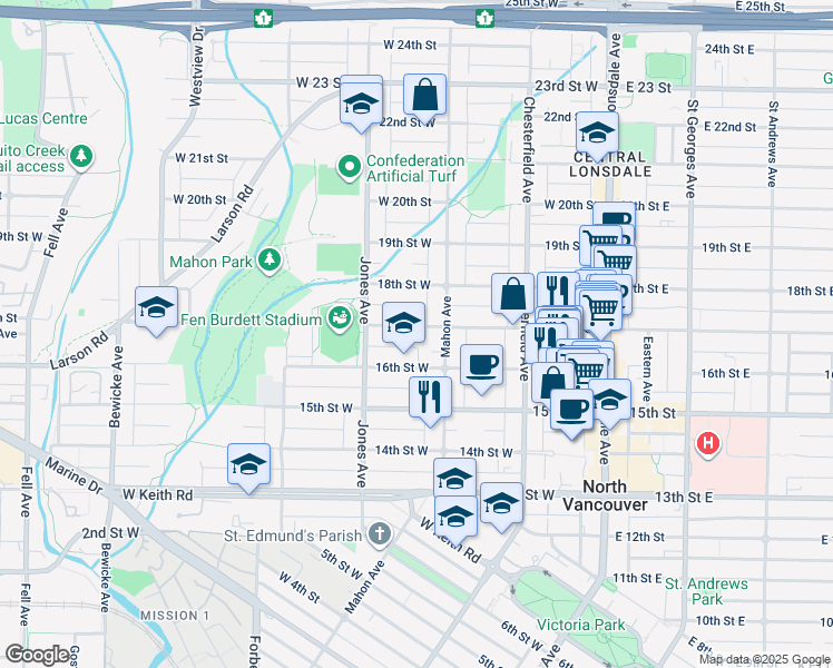 map of restaurants, bars, coffee shops, grocery stores, and more near 325 17th Street West in North Vancouver