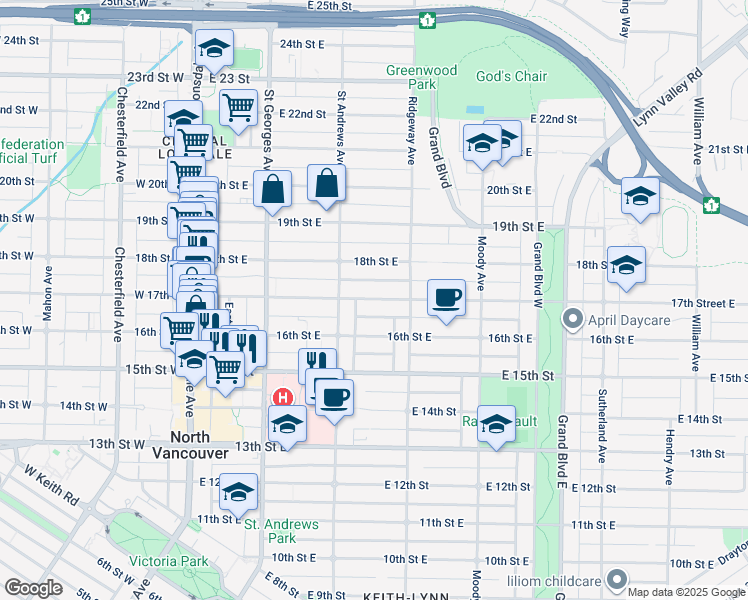 map of restaurants, bars, coffee shops, grocery stores, and more near 17th Street East in North Vancouver