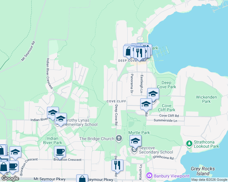 map of restaurants, bars, coffee shops, grocery stores, and more near in North Vancouver