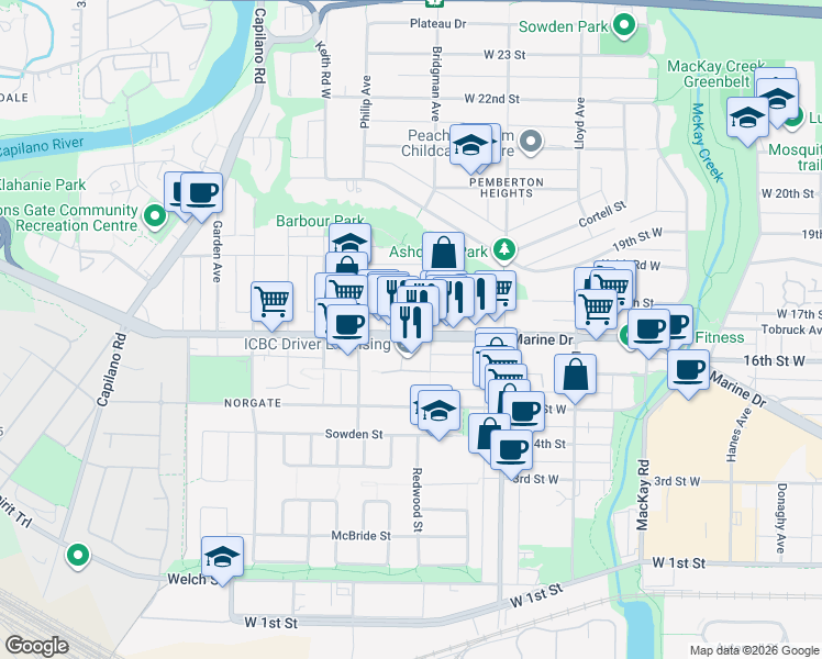 map of restaurants, bars, coffee shops, grocery stores, and more near 1330 Marine Drive in North Vancouver