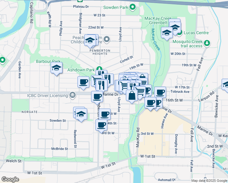 map of restaurants, bars, coffee shops, grocery stores, and more near 306 Lloyd Avenue in North Vancouver
