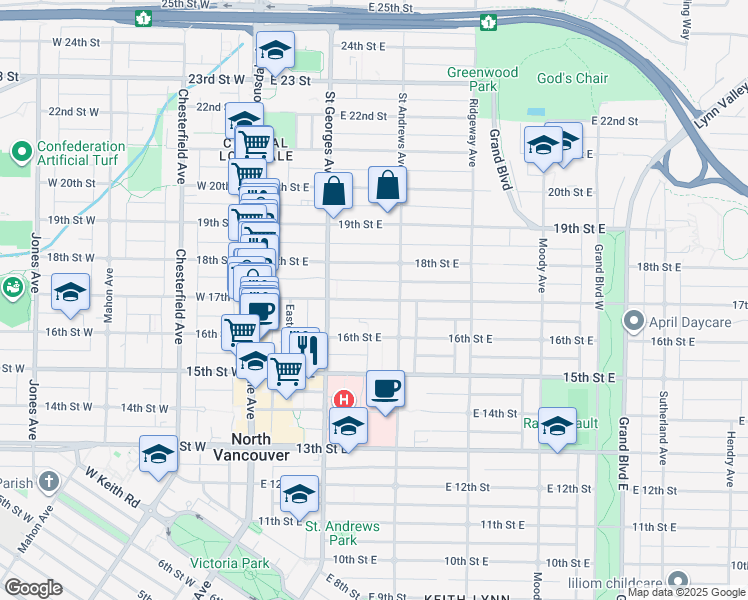 map of restaurants, bars, coffee shops, grocery stores, and more near 245 17th Street East in North Vancouver