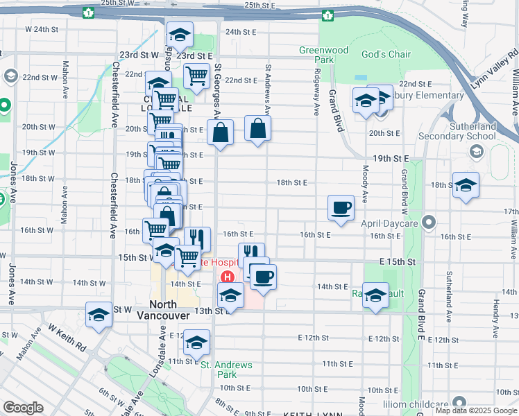 map of restaurants, bars, coffee shops, grocery stores, and more near 259 E 17 St in North Vancouver