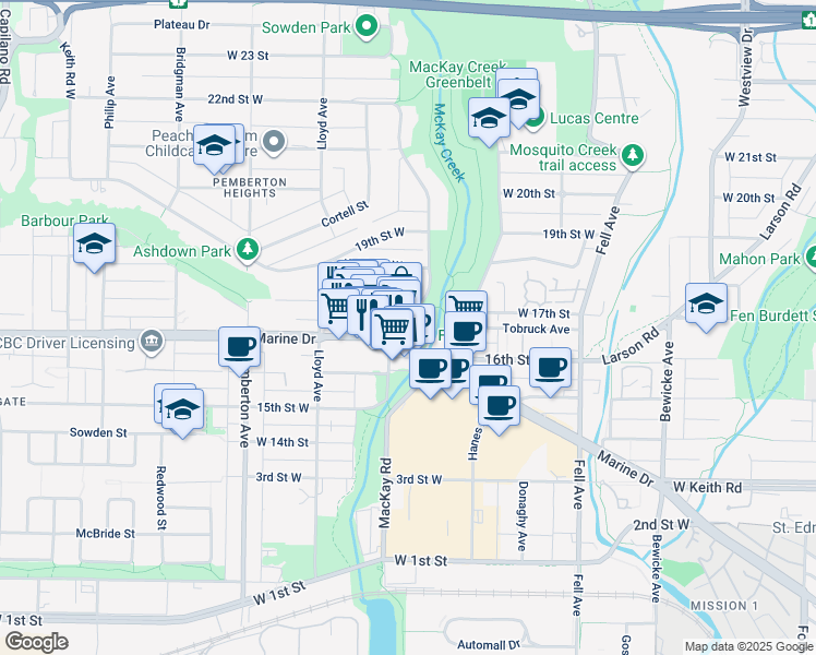 map of restaurants, bars, coffee shops, grocery stores, and more near 1633 Mackay Avenue in North Vancouver