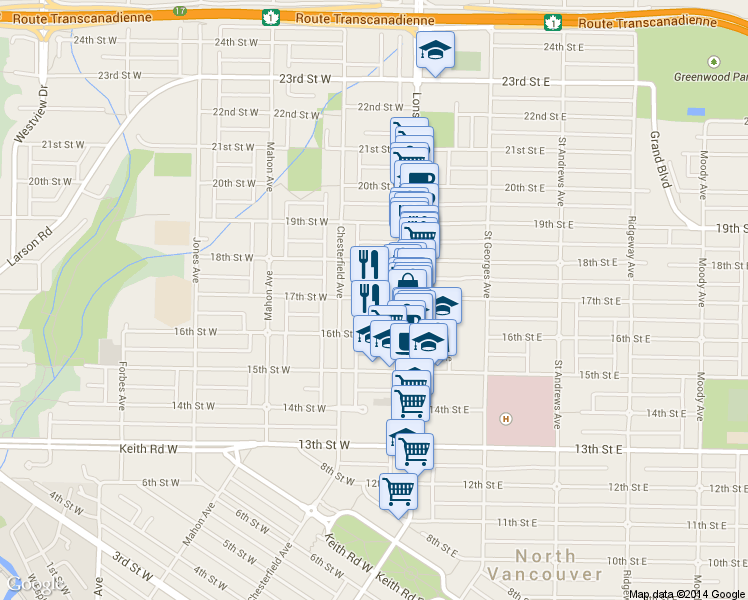 map of restaurants, bars, coffee shops, grocery stores, and more near 117 17th Street West in North Vancouver