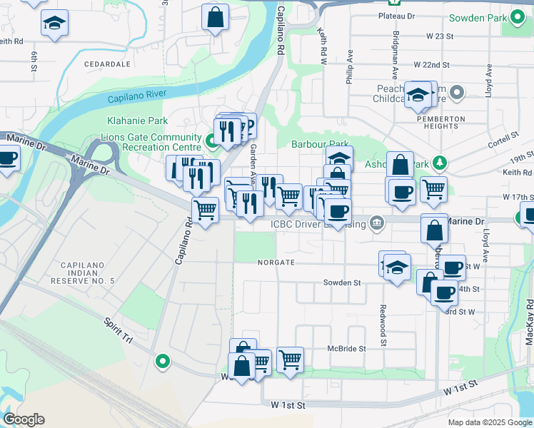 map of restaurants, bars, coffee shops, grocery stores, and more near 1633 Tatlow Avenue in North Vancouver