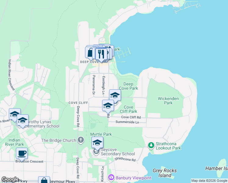 map of restaurants, bars, coffee shops, grocery stores, and more near 1942 Banbury Road in North Vancouver
