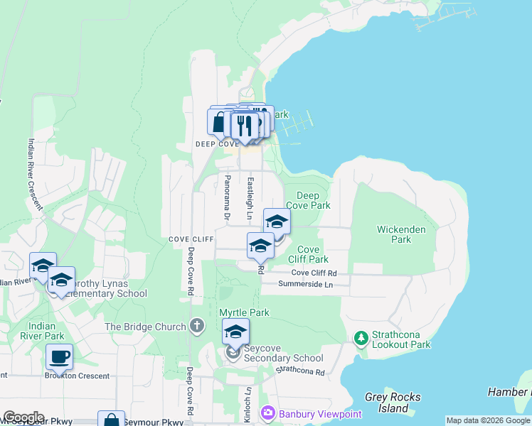 map of restaurants, bars, coffee shops, grocery stores, and more near 1942 Banbury Road in North Vancouver