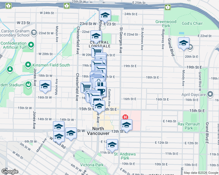 map of restaurants, bars, coffee shops, grocery stores, and more near in North Vancouver