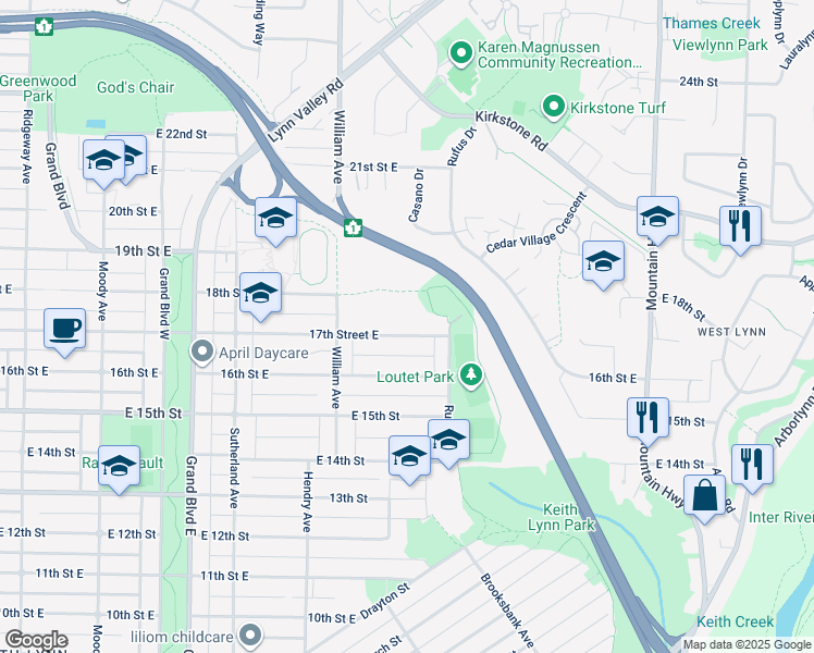 map of restaurants, bars, coffee shops, grocery stores, and more near 864 17th Street East in North Vancouver