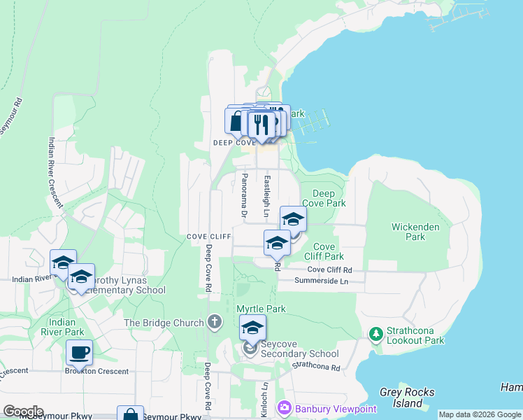 map of restaurants, bars, coffee shops, grocery stores, and more near 1943 Eastleigh Lane in North Vancouver