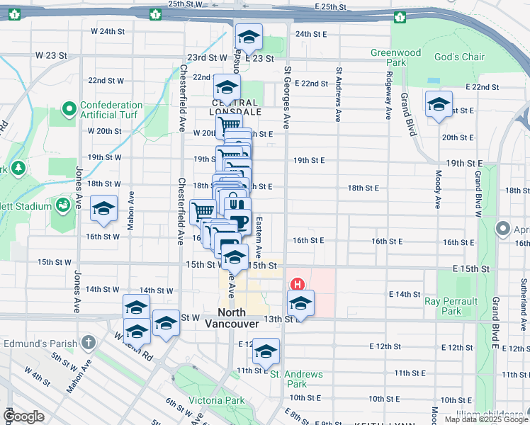 map of restaurants, bars, coffee shops, grocery stores, and more near 140 17th Street East in North Vancouver