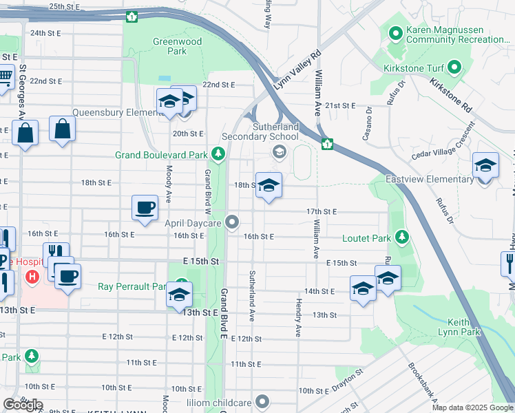 map of restaurants, bars, coffee shops, grocery stores, and more near 1712 Sutherland Avenue in North Vancouver