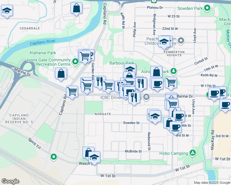 map of restaurants, bars, coffee shops, grocery stores, and more near 1509 Marine Drive in North Vancouver